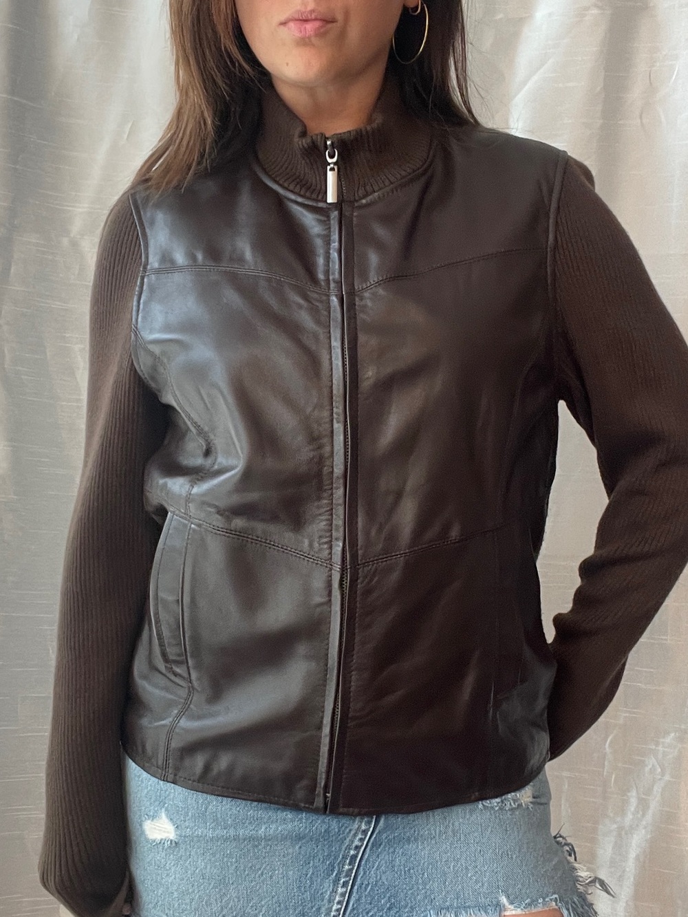 Y2K Brown Leather Jacket Women Medium Knit Sleeves Moto Indie Punk Downtown Girl